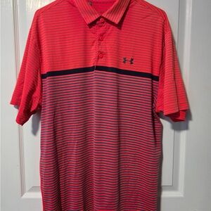 Men's Under Armour Heat Gear Loose Large Orange Polo with Navy Stripes